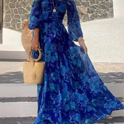 Women Slash Neck Blue Elegant Maxi Dress