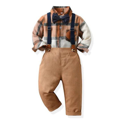 Boys Long Plaid Top+Suspenders Gentleman Outfit Sets - Mad Fly Essentials