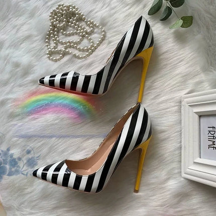 High Heels Women Black White Striped Pointed Heels - High Heels - wetkiss - Mad Fly Essentials