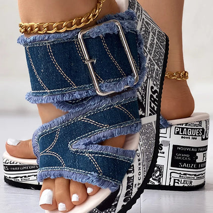 Women Casual Summer Newspaper Denim Sandals