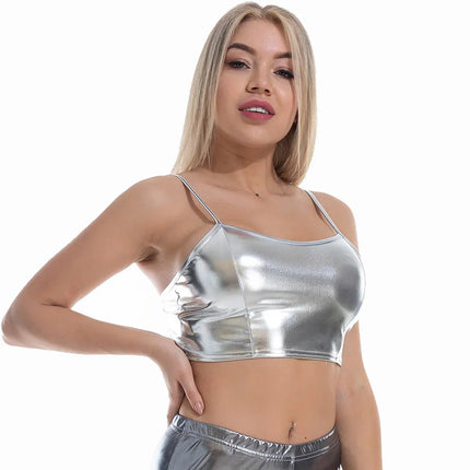 Women Holographic Solid Crop Top - Wide Leg Pants Matching Set