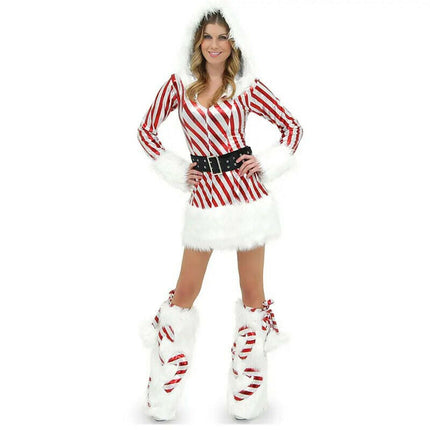 Women Christmas 3Pcs Hooded Striped-Mrs-Claus Dress - Women's Shop Mad Fly Essentials