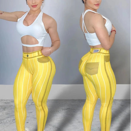 Fitness Leggings Women Pink Denim Striped Leggings - Fitness Leggings - Bliluen - Mad Fly Essentials