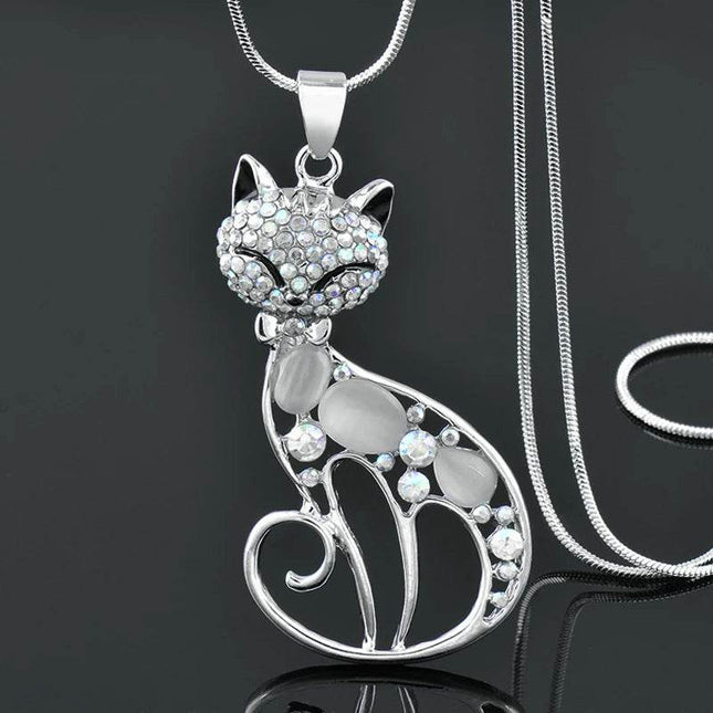 Women Opal Rhinestone Cat Pendant Necklace - Mad Fly Essentials