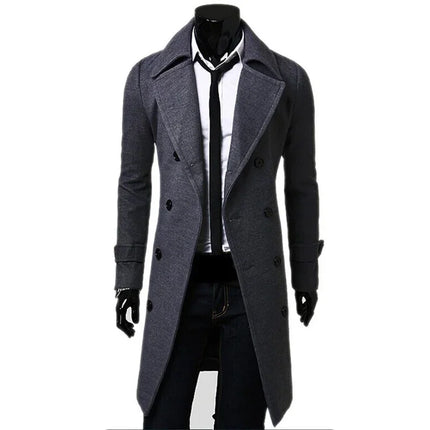 Men Double-Breasted Solid Trench Coat