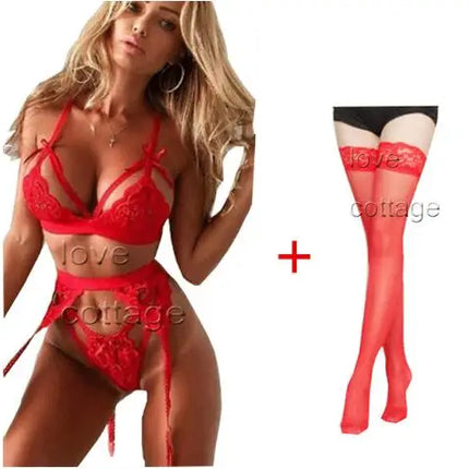 Women 3pc S-3XL Sensual Loop Lace Bra Underwear Set