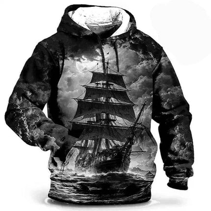 Men Medieval 3D Sailboat Street Casual Hoodies - Mad Fly Essentials