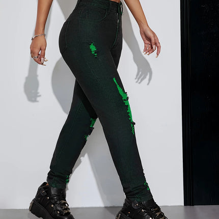 Women Bottoms High Waist Distressed Black Green Contrast Jeans - Women Bottoms - Ectooko - Mad Fly Essentials