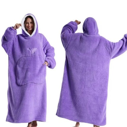 Purple fleece blanket with hood worn by a person, shown from front and back views.

