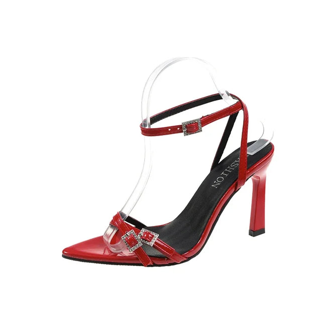 Women 2024-Red-Black Pointed Toe Buckle Strap Party Pumps