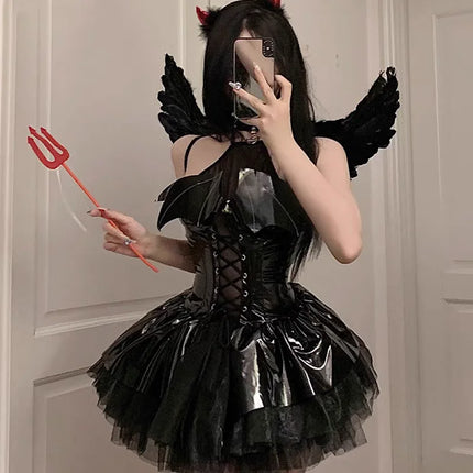 Costume Dress Women Hollow Gothic Leather Dress - Costume Dress - AltGoth - Mad Fly Essentials