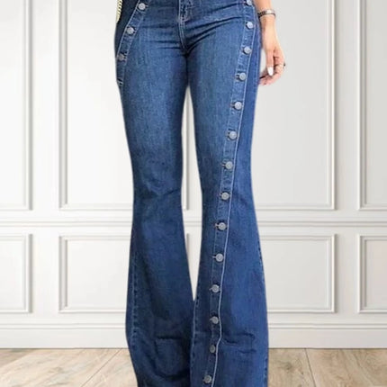 Women High Waist Button Flare Jeans