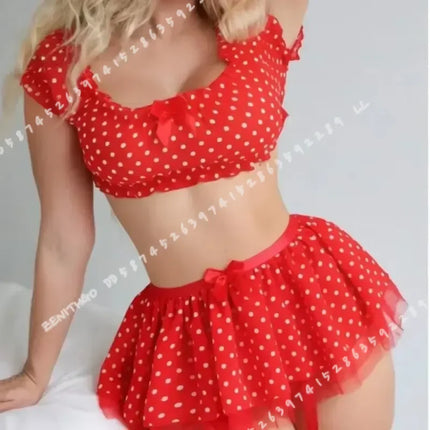 Lingerie Set Women Polka Dot Off Shoulder Mini Skirt - Lingerie Set - Ellolace - Mad Fly Essentials