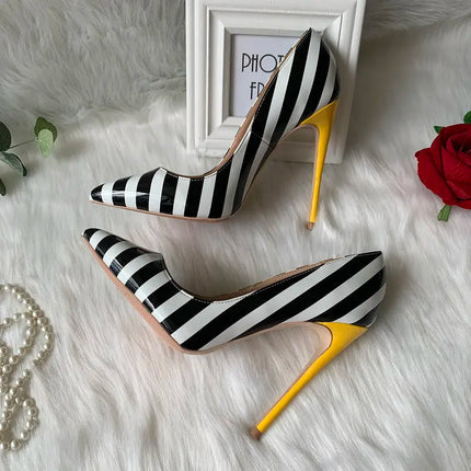 High Heels Women Black White Striped Pointed Heels - High Heels - wetkiss - Mad Fly Essentials