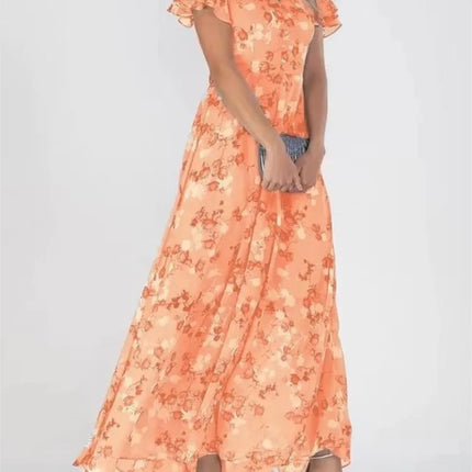 Maxi Dress Women Short Pink Floral Chiffon Ruffle Dress - Maxi Dress - Siddons - Mad Fly Essentials