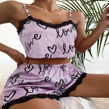 Women Spaghetti Silk Hearts Pajama Sleepwear Set