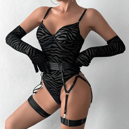 Women Tight Transparent Lingerie Bodysuit with Gloves