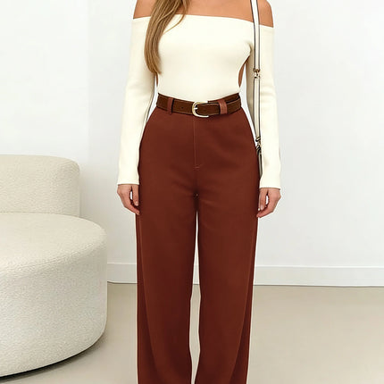 Dress Pants Women High Waist Solid Brown Office Trousers - Dress Pants - SK - Mad Fly Essentials