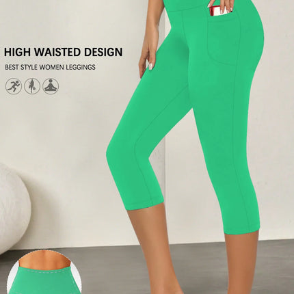 Fitness Leggings Women Pocket 3/4 Solid Capris - Fitness Leggings - Cloud Hide - Mad Fly Essentials