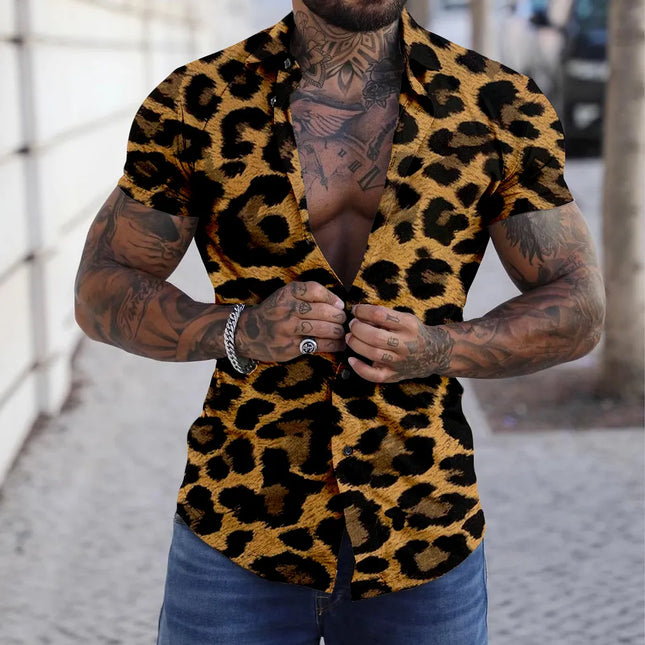Men Vintage Turn Down Collar Leopard Shirts