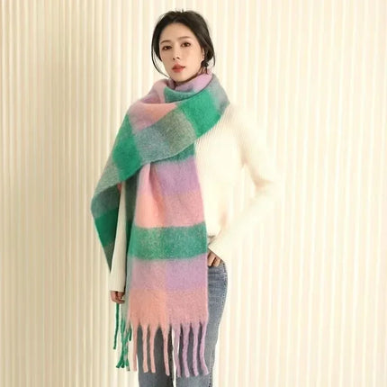 Women Winter Rainbow Plaid Wool Scarf