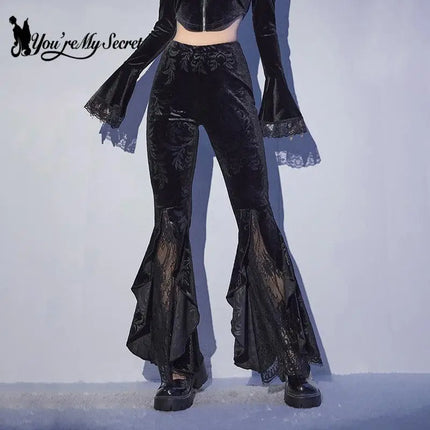 Women Solid Lace Gothic Velvet Black Flare Pants