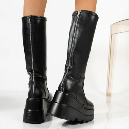 Women 2024 Trendy Platform Black Heel Zip Boots