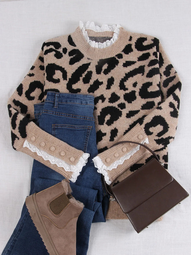 Sweater Women Leopard Print Crew Neck Pullover - Sweater - Temptation - Mad Fly Essentials