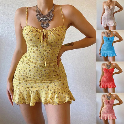Mini Dress Women Floral Spaghetti Low Cut Ruffle Dress - Mini Dress - Znaiml - Mad Fly Essentials