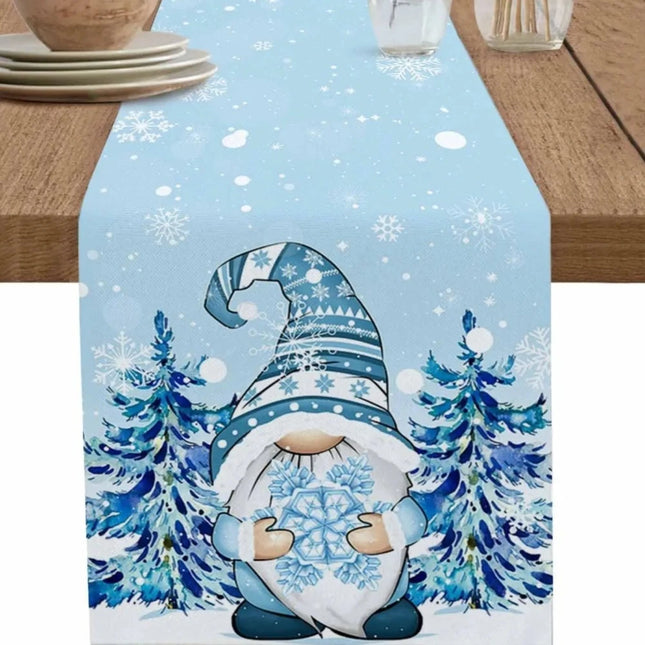 Christmas Snowflake Blue Pine Tree Gnomes Linen Table Runner