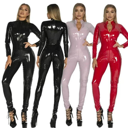 Women Wet Look Long Leather Jumpsuit - Mad Fly Essentials