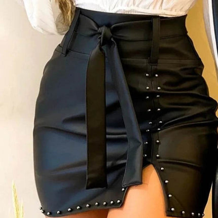 Women Leather Slit Detail Beaded Mini Skirt - Mad Fly Essentials