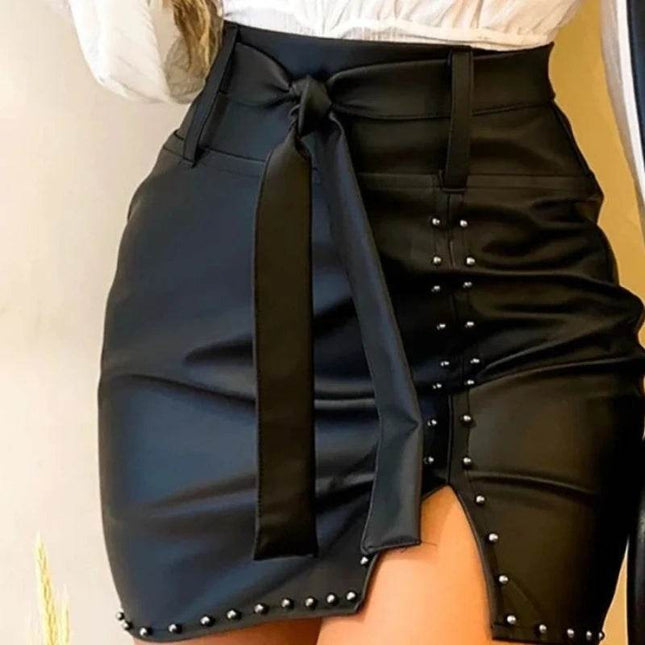 Women Leather Slit Detail Beaded Mini Skirt - Mad Fly Essentials