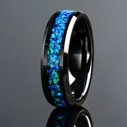 Men Blue Opal Black Tungsten Wedding Ring