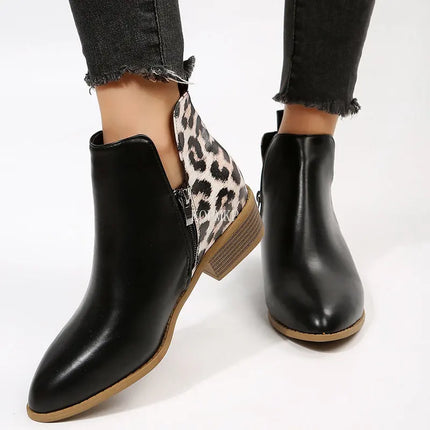 Women Black Leopard Print Casual Gothic Ankle Boots