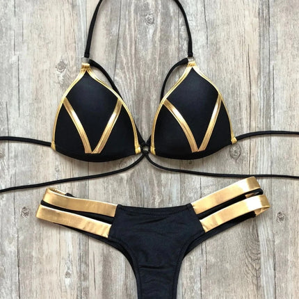 Women Gold Black Brazilian Bikini Set