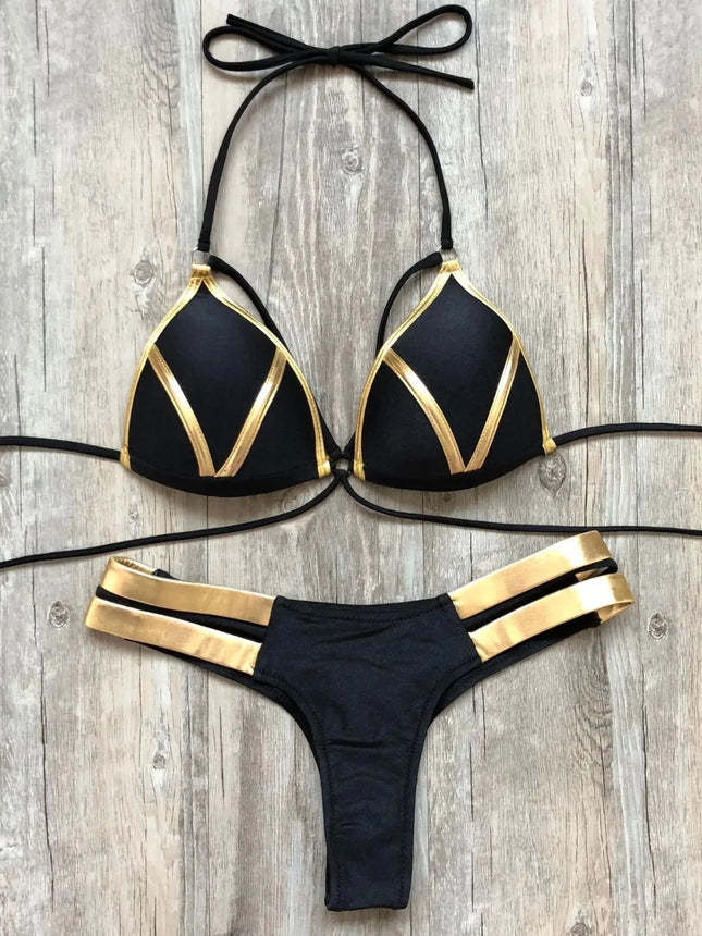 Women Gold Black Brazilian Bikini Set