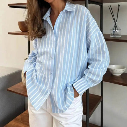 Women Striped Plaid Long Turn Down Collar Shirt - Mad Fly Essentials