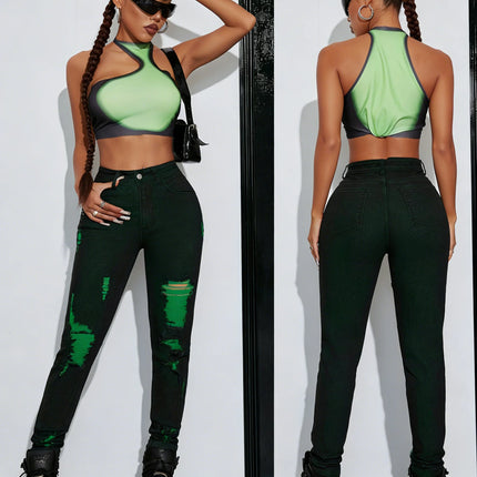 Women Bottoms High Waist Distressed Black Green Contrast Jeans - Women Bottoms - Ectooko - Mad Fly Essentials