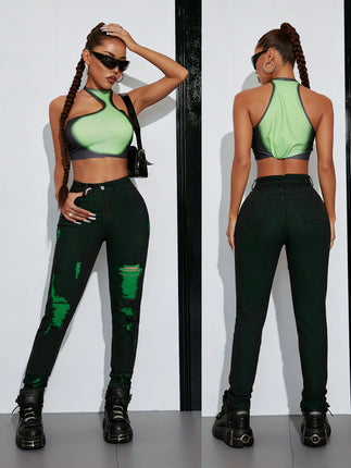 Women Bottoms High Waist Distressed Black Green Contrast Jeans - Women Bottoms - Ectooko - Mad Fly Essentials