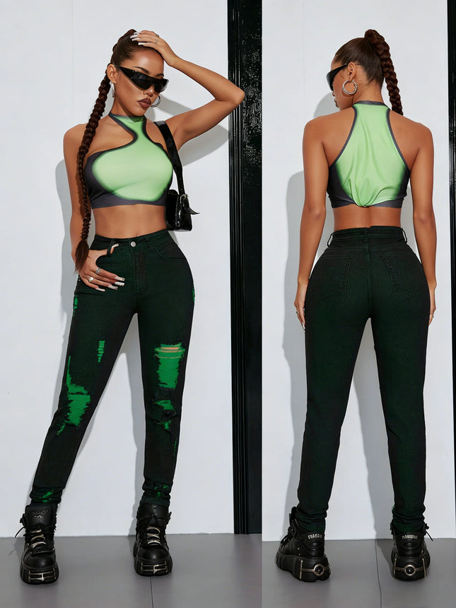 Women Bottoms High Waist Distressed Black Green Contrast Jeans - Women Bottoms - Ectooko - Mad Fly Essentials