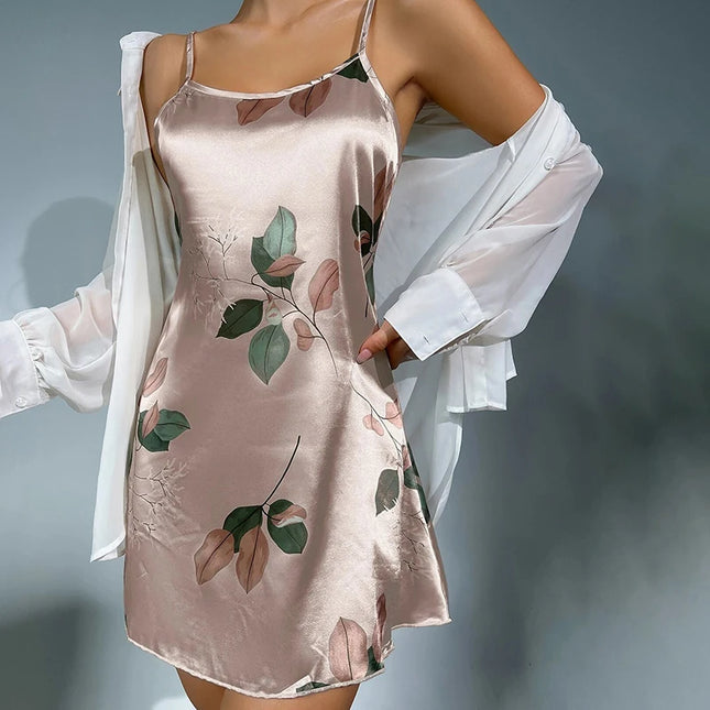 Women Sleeveless Butterfly Lace Silk Nightgown