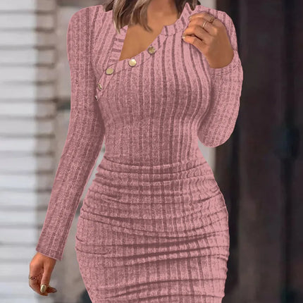 Women Diagonal Collar Knitted Bodycon Mini Dress