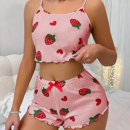 Women Strawberry Heart Homewear 2pc Pajama Set - Mad Fly Essentials