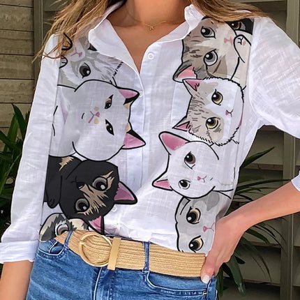 Women 3D Cat Button Down Animal Shirts
