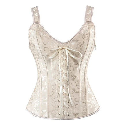 Corset Women Strap Polka Jacquard Gothic Bustier in ivory with lace-up front and wide straps.