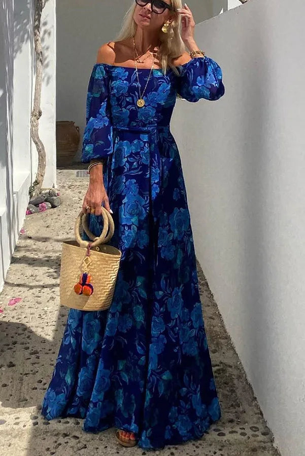 Maxi Dress Women Slash Neck Blue Elegant Dress - Maxi Dress - Owner Girl - Mad Fly Essentials