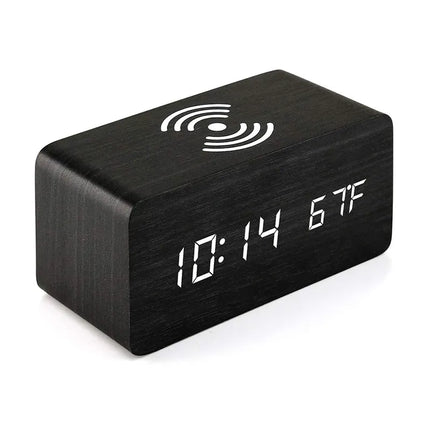 Wooden Digital LED Alarm Clock with Wireless Charging