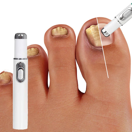 Nail care tool being used on a person's toe with a white background

