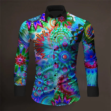 Men 3D Baroque Fashion Button Long Lapel Shirt